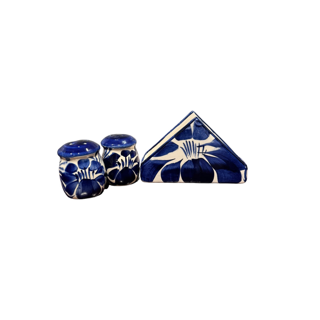 Blue and White 3 pc Salt Shaker / Napkin Holder
