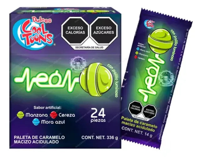 Cool Toons Acidulated Hard Candy Neon Lollipop 24ct